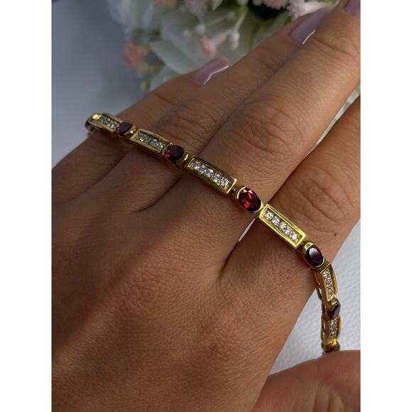 925 STERLING SILVER GOLD PLATED JJT GARNET & CZ BRACELET LENGTH 7.5 - Picture 1 of 10